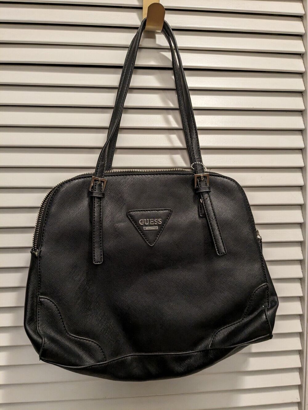 Guess Black Crossgrain Leather Adjustable Strap Women's Handbag Purse Zip Close